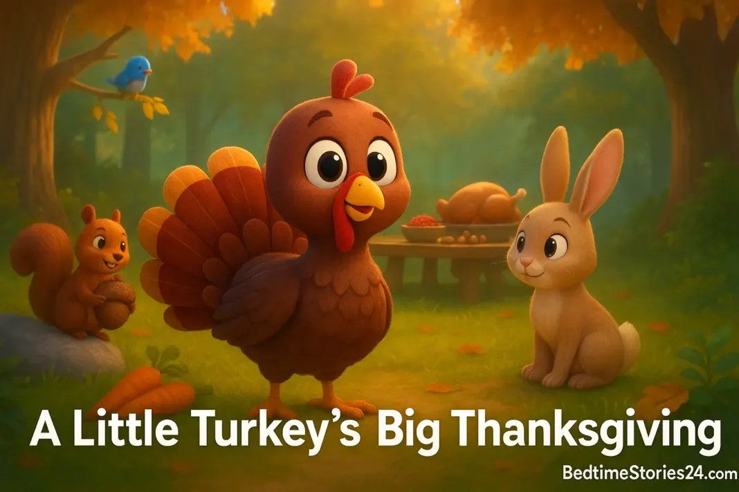 Little turkey Toby celebrating Thanksgiving with forest friends in a colorful autumn setting.