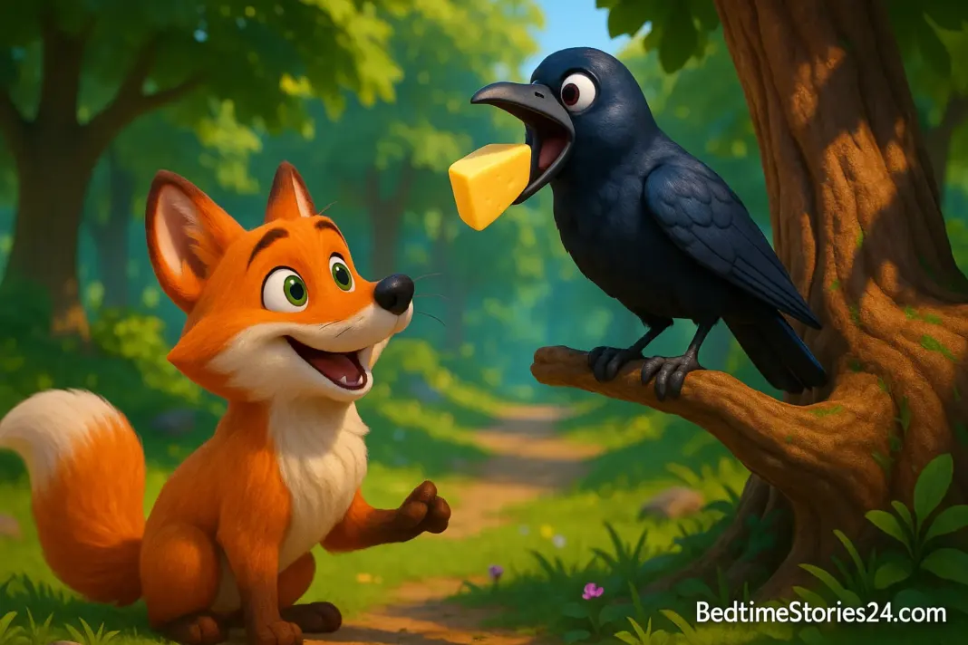 Fox flattering a crow holding cheese on a tree branch in a colorful forest scene.
