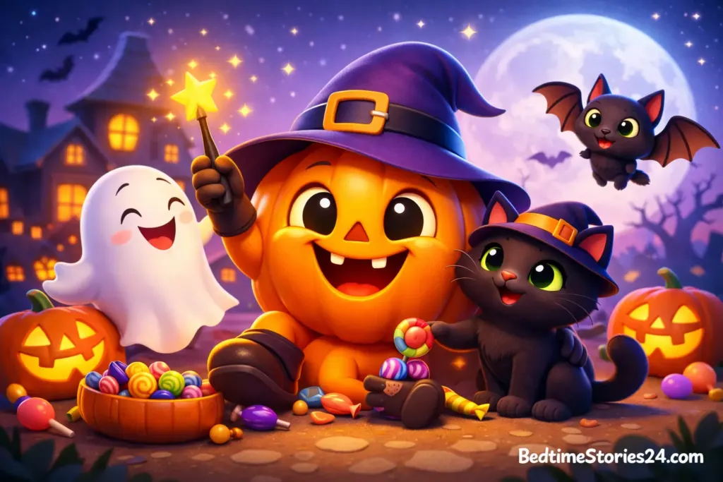 Pumpkin Bob enjoying a happy Halloween night with friends.