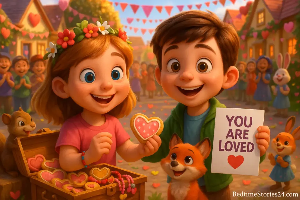 Children celebrating with heart-shaped cookies and a “You Are Loved” card on Valentine’s Day.