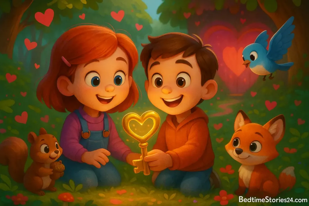 Children discovering a magical heart-shaped key in a colorful Valentine’s Day forest scene.