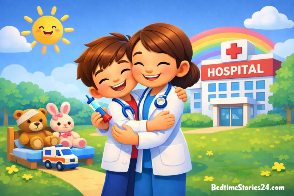 Child hugging a doctor in a heartwarming bedtime story illustration.