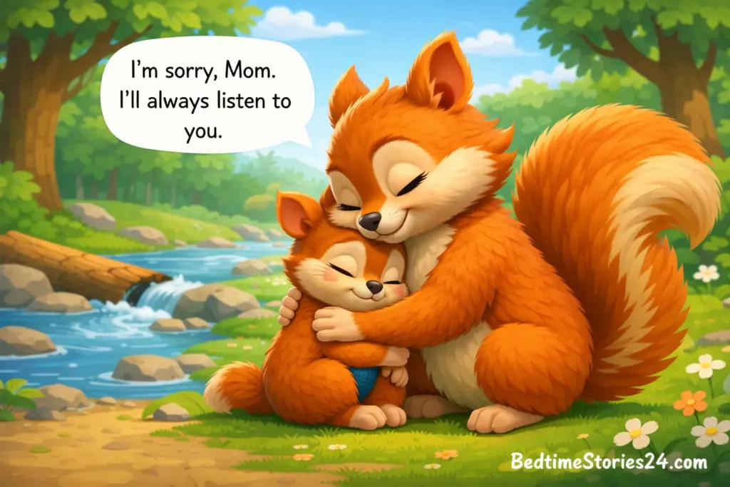 Mother squirrel hugging her baby at the end of a forest story.