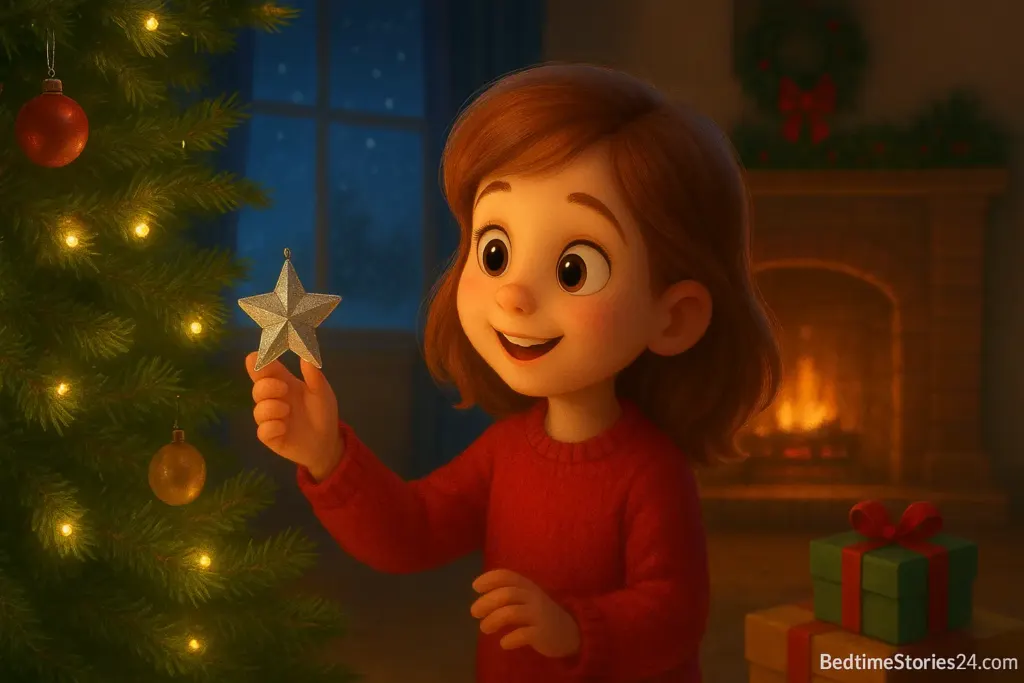 A smiling girl placing a silver star ornament on a Christmas tree beside a warm fireplace.