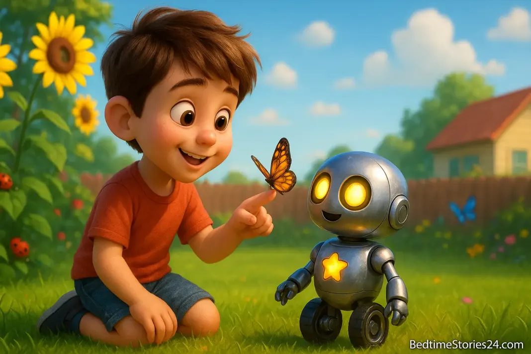 A boy smiling as a small robot watches a butterfly in a colorful backyard.