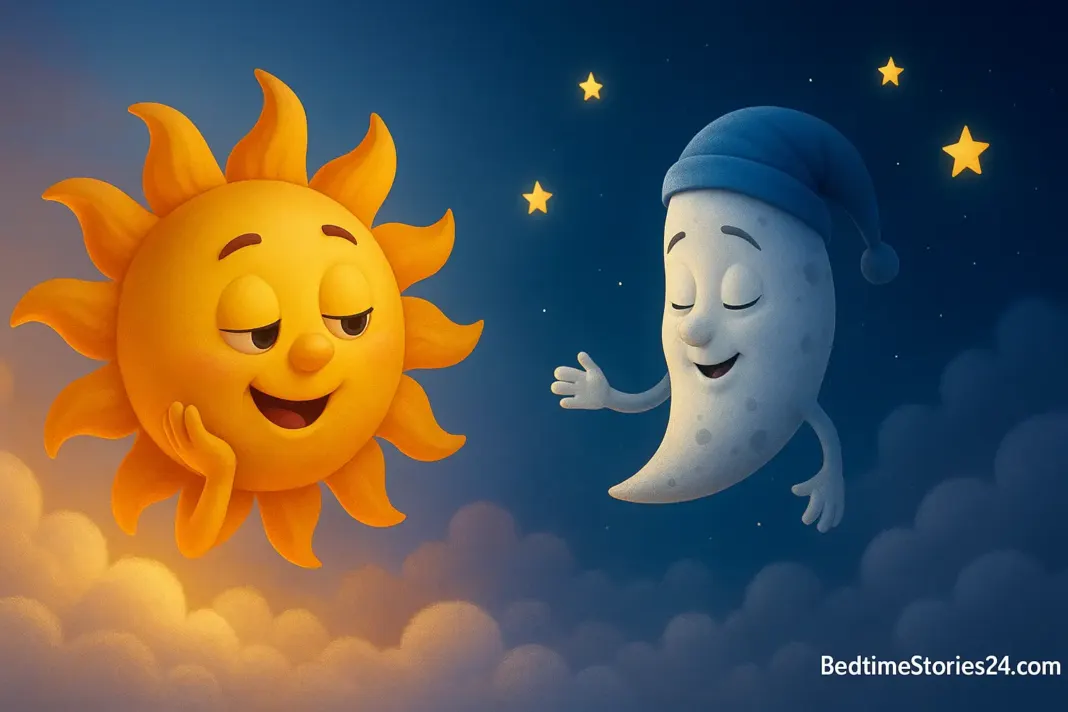 A colorful fairy-tale scene of a smiling Sun and a sleepy Moon meeting in the sky.