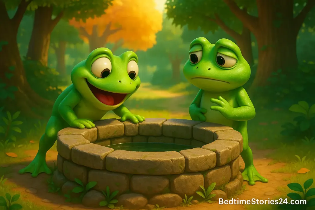 Two cheerful frogs discovering a magical forest well during their journey in a fairy-tale setting.