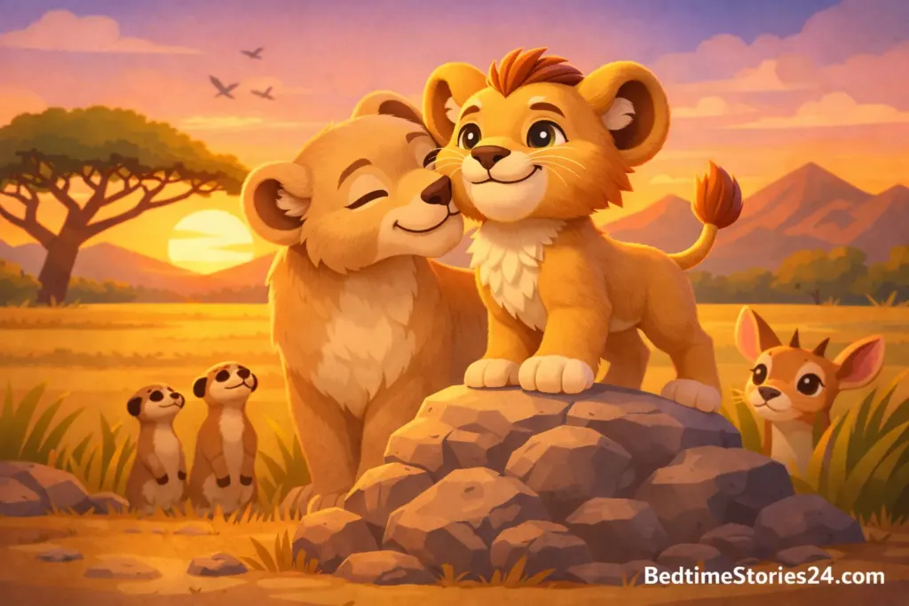 Happy lion cub with family after finding courage on savanna.