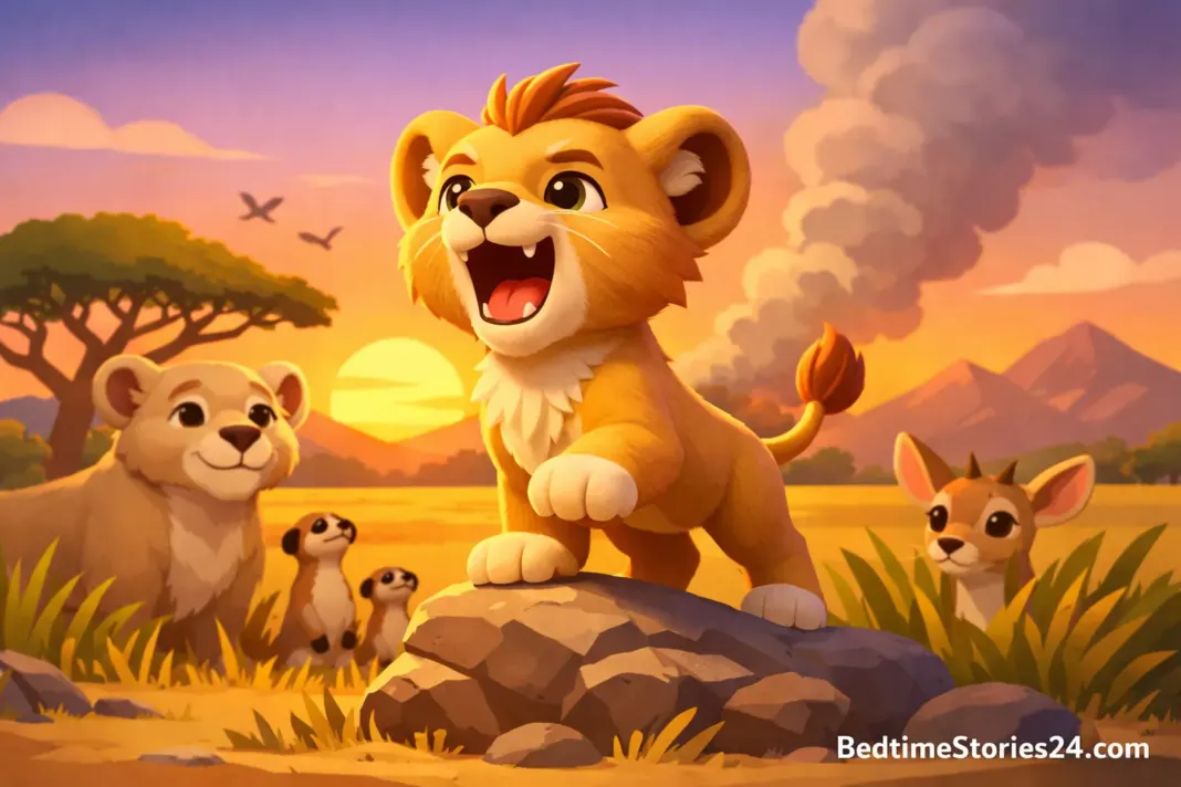 The Brave Lion Cub Bedtime Story Illustration Brave lion cub finding courage on the African savanna at sunset.