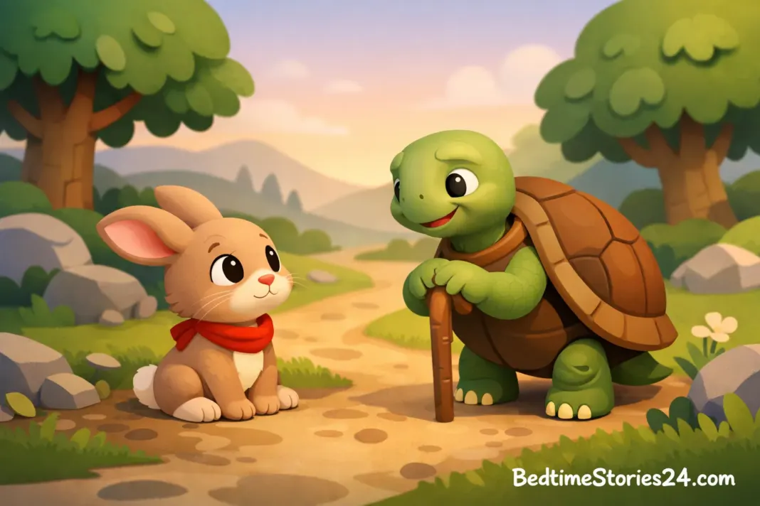 The Lost Little Rabbit Bedtime Story Illustration Lost little rabbit with kind tortoise in forest.